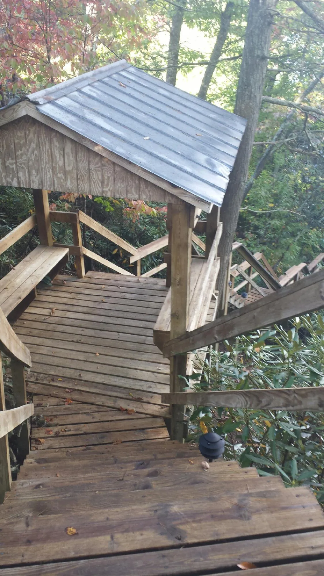 Metal roofed shelter over wooden steps on a wooded walkway — Skylight Repair & Installation work by our crew in Monaca